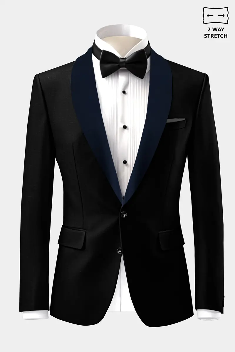 Jade Black Stretchable Subtle Sheen With Blue Lapel Tuxedo Suit 10