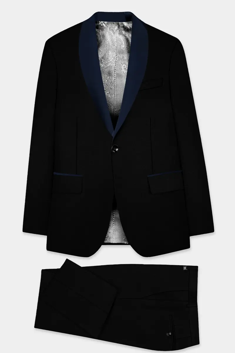 Jade Black Stretchable Subtle Sheen With Blue Lapel Tuxedo Suit 11