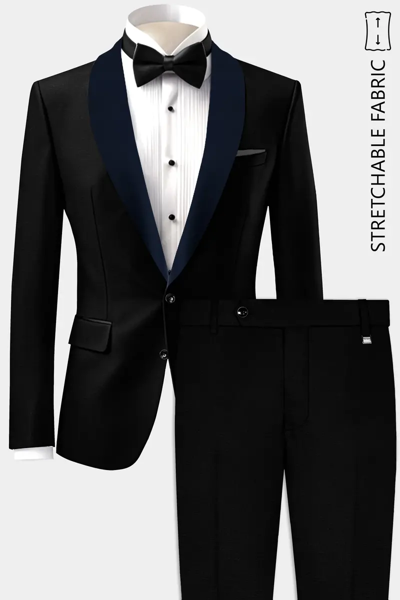 Jade Black Stretchable Subtle Sheen With Blue Lapel Tuxedo Suit 2