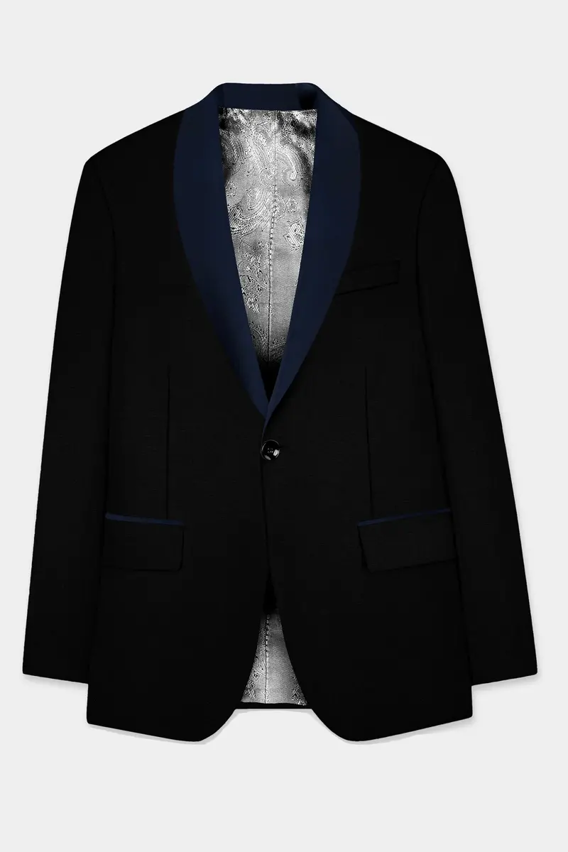 Jade Black Stretchable Subtle Sheen With Blue Lapel Tuxedo Suit 8