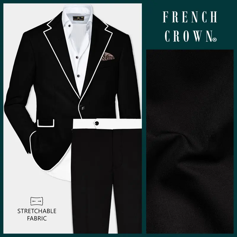Jade Black Stretchable Subtle Sheen With White Border Patterned Suit 1