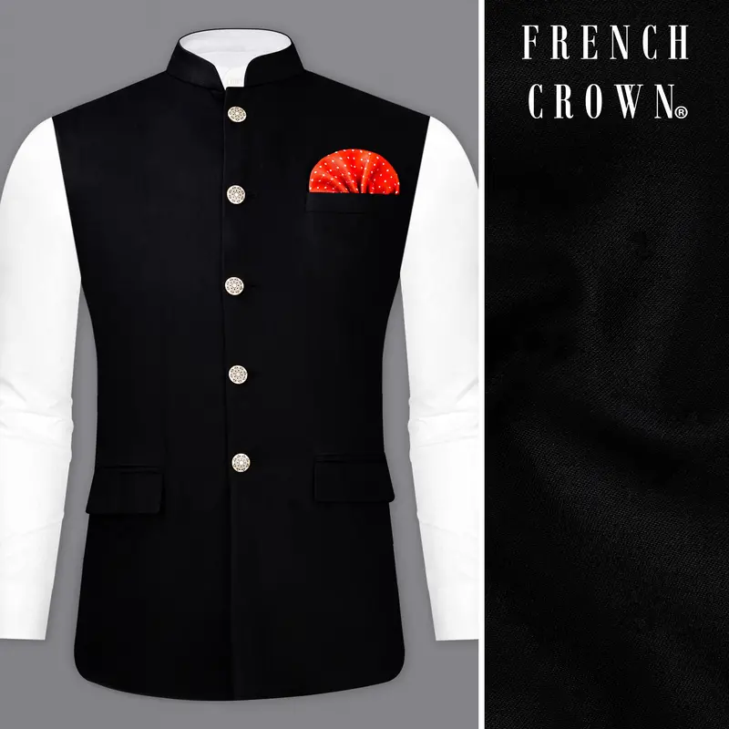 Jade Black Stretchable Subtle Sheen Wool Blend Nehru Jacket 1