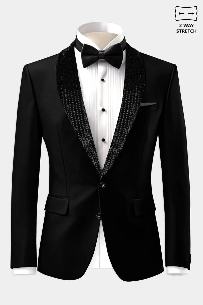 Jade Black Stretchable Subtle Sheen Wool Rich Hand Crafted Designer Tuxedo Blazer 2