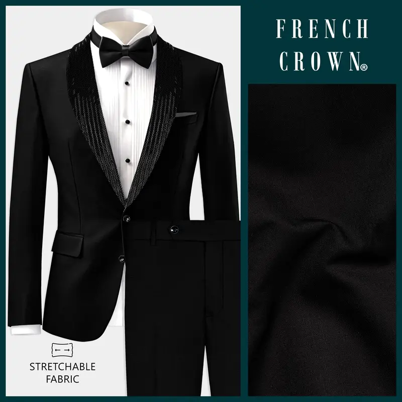 Jade Black Stretchable Subtle Sheen Wool Rich Hand Crafted Designer Tuxedo Suit 1