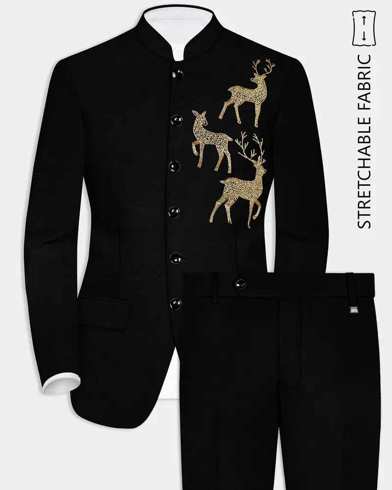 Jade Black Stretchable Wool Rich Deer Hand Crafted Embroidered Bandhgala Designer Suit 1