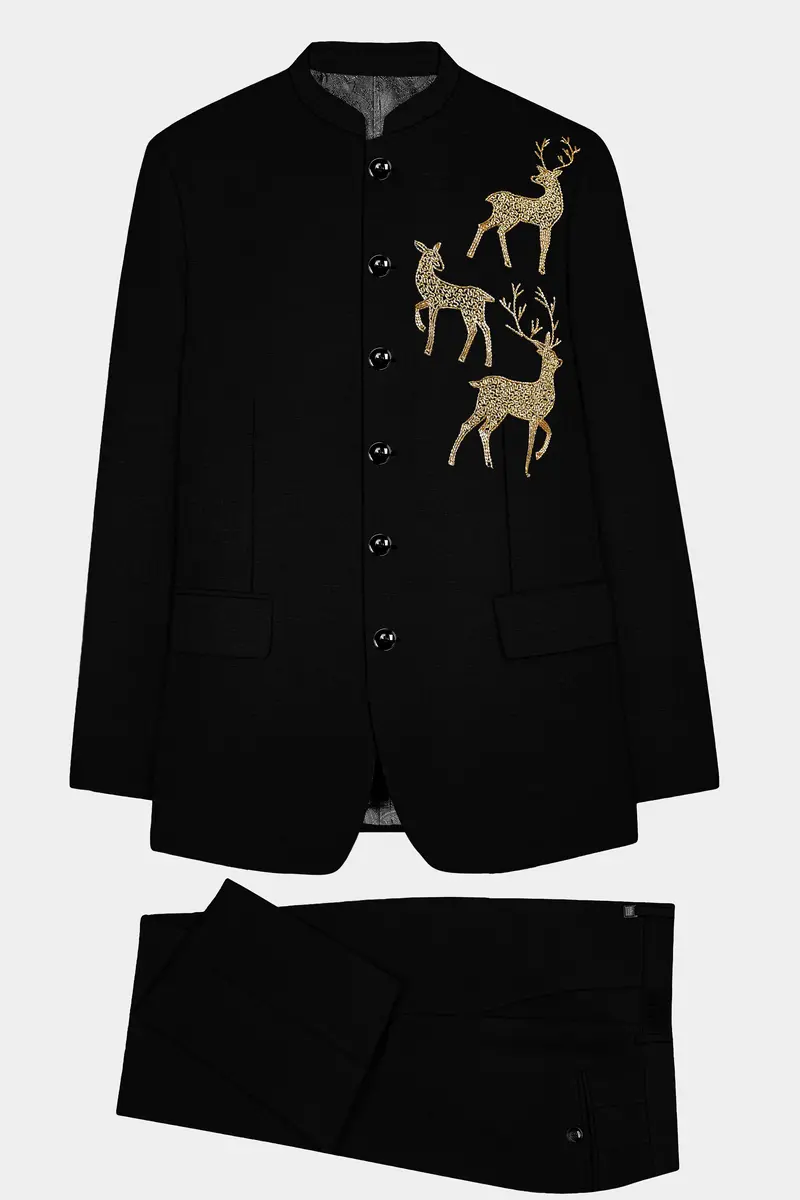 Jade Black Stretchable Wool Rich Deer Hand Crafted Embroidered Bandhgala Designer Suit 10