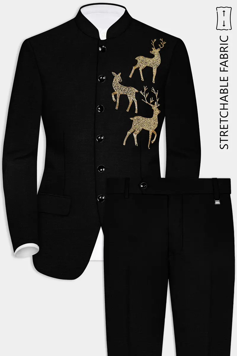 Jade Black Stretchable Wool Rich Deer Hand Crafted Embroidered Bandhgala Designer Suit 2
