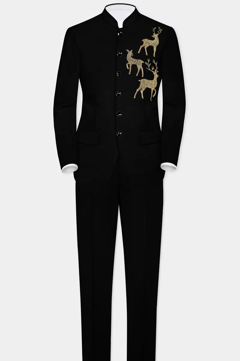 Jade Black Stretchable Wool Rich Deer Hand Crafted Embroidered Bandhgala Designer Suit 4