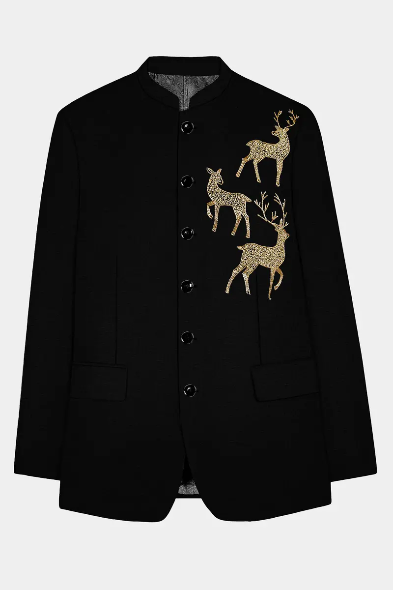 Jade Black Stretchable Wool Rich Deer Hand Crafted Embroidered Bandhgala Designer Suit 7
