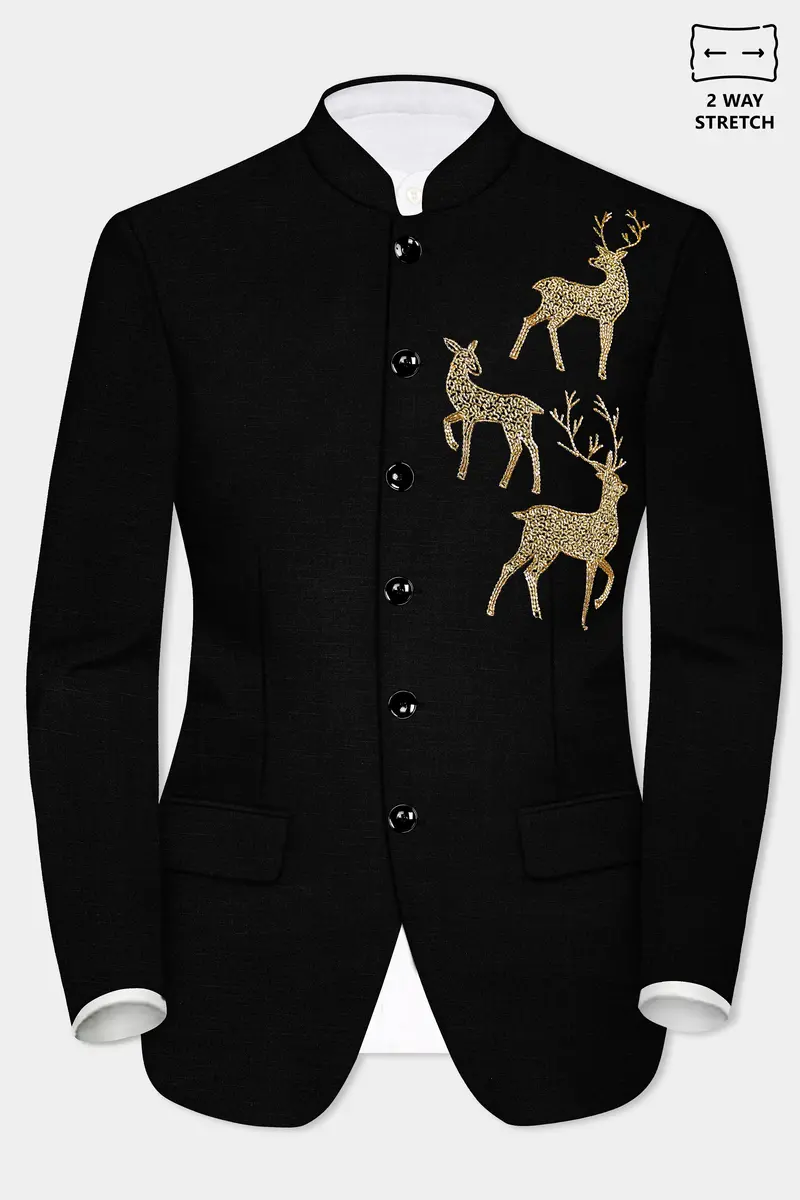 Jade Black Stretchable Wool Rich Deer Hand Crafted Embroidered Bandhgala Designer Suit 9