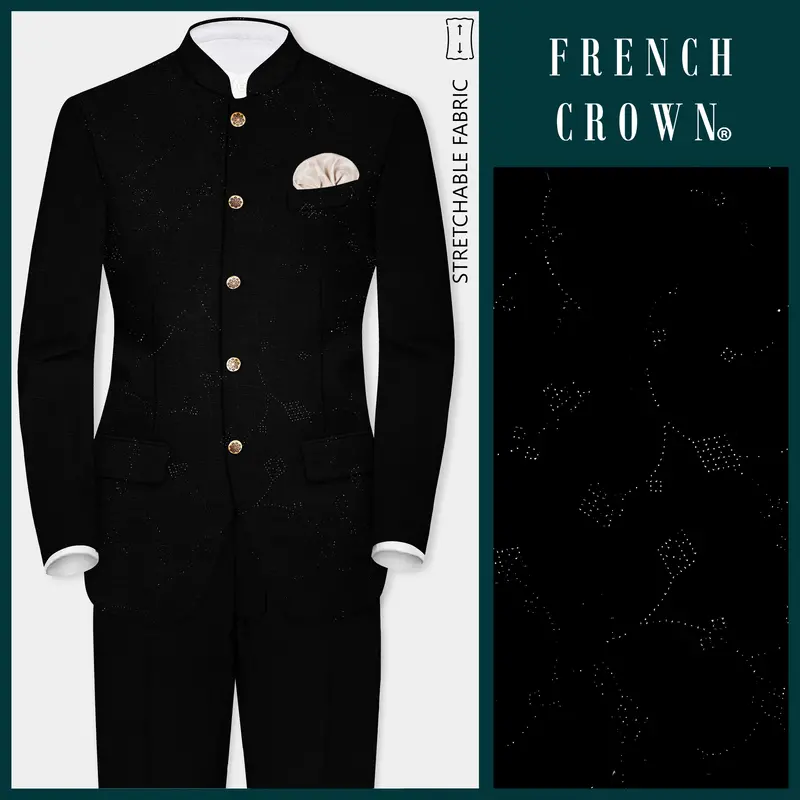 Jade Black Stretchable Wool Rich Stone Work Bandhgala Designer Suit 1