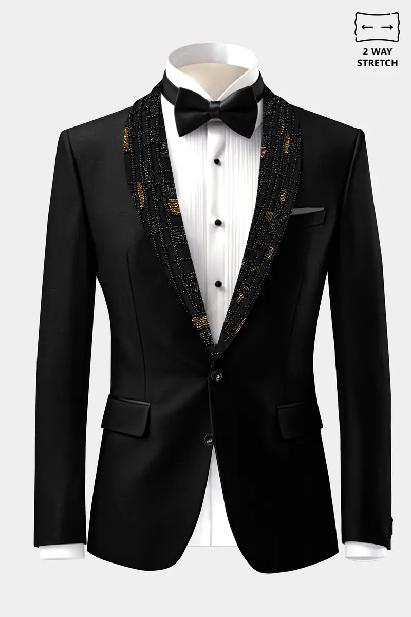 Jade Black Stretchable Wool Rich Tuxedo Designer Blazer 2