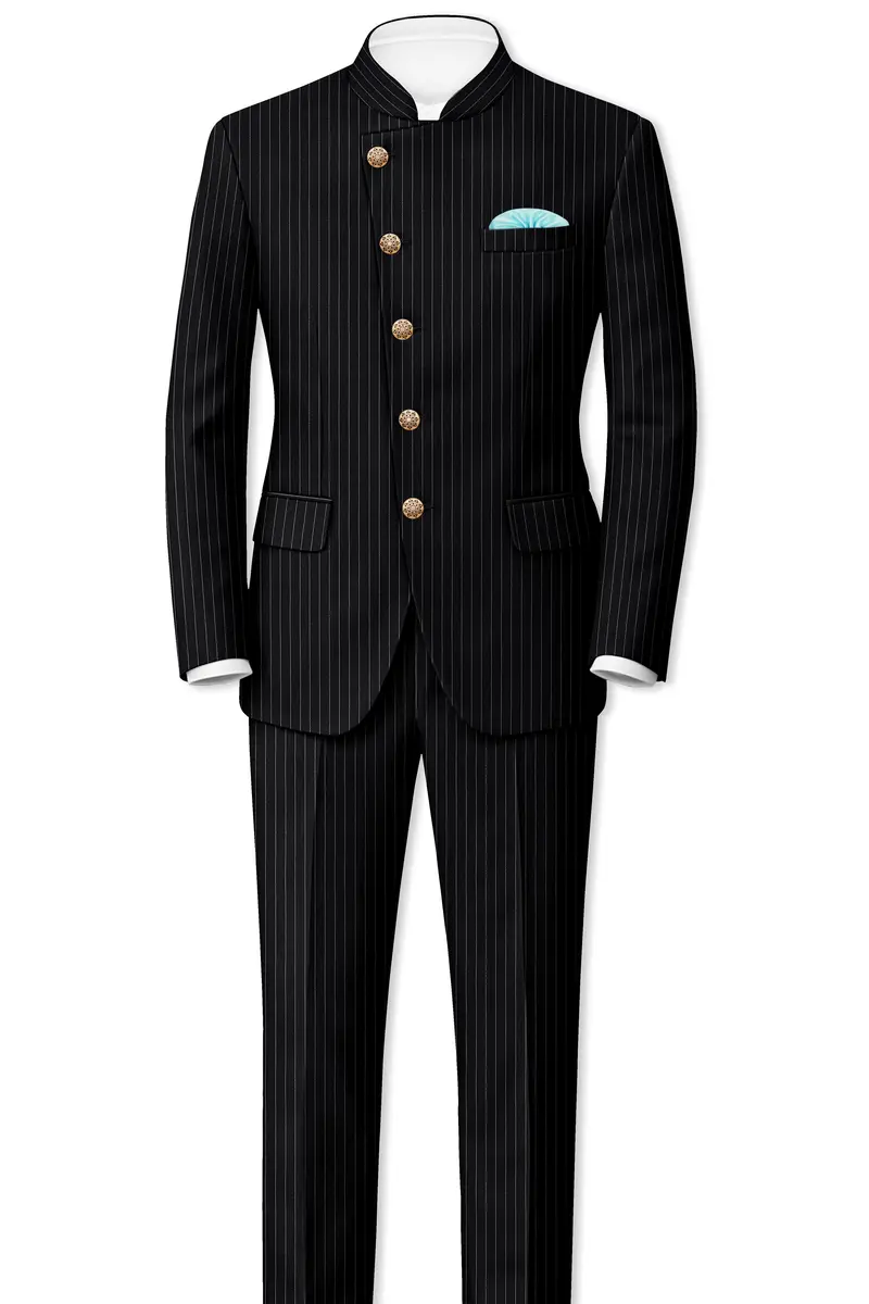 Jade Black Striped Cross Placket Bandhgala Blazer 8