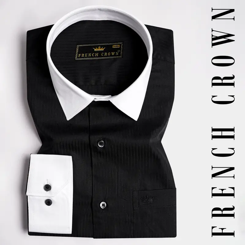 Jade Black Striped Dobby Textured With White Cuffs And Collar Premium Giza Cotton Shirt 1