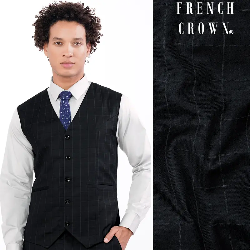 Jade Black Subtle Checkered Wool Rich Waistcoat 1