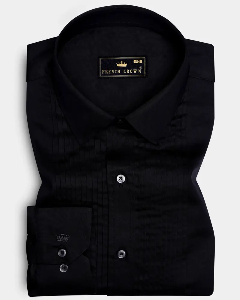 Jade Black Subtle Sheen Snake Pleated Super Soft Premium Cotton Tuxedo Shirt 1