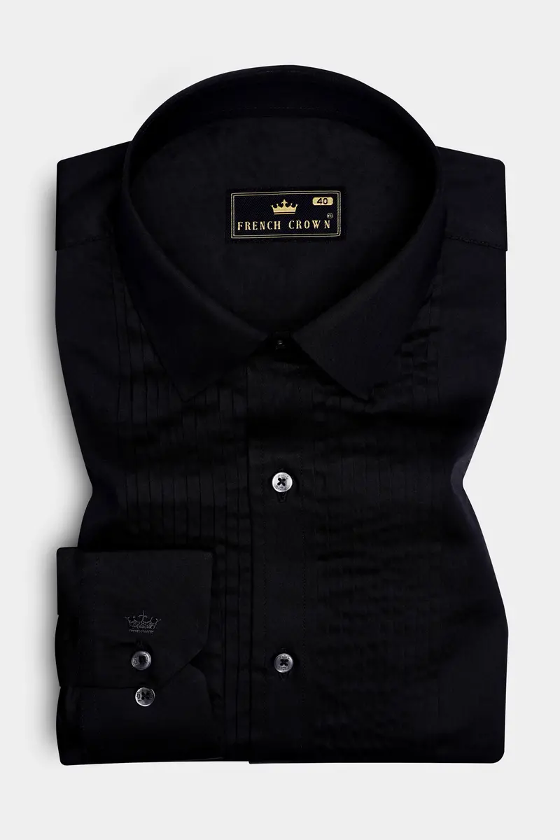 Jade Black Subtle Sheen Snake Pleated Super Soft Premium Cotton Tuxedo Shirt 2