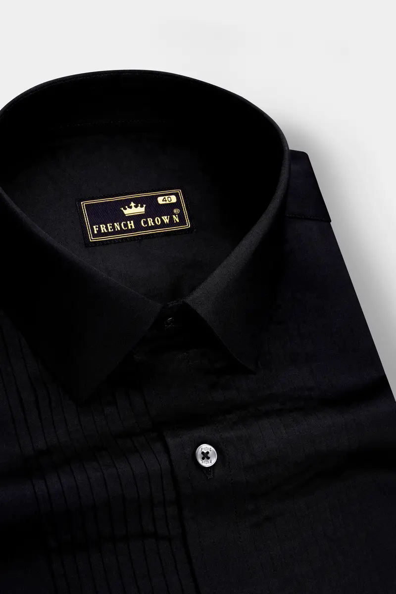 Jade Black Subtle Sheen Snake Pleated Super Soft Premium Cotton Tuxedo Shirt 4
