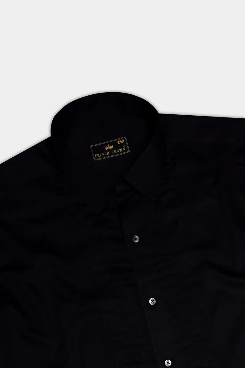 Jade Black Subtle Sheen Snake Pleated Super Soft Premium Cotton Tuxedo Shirt 5
