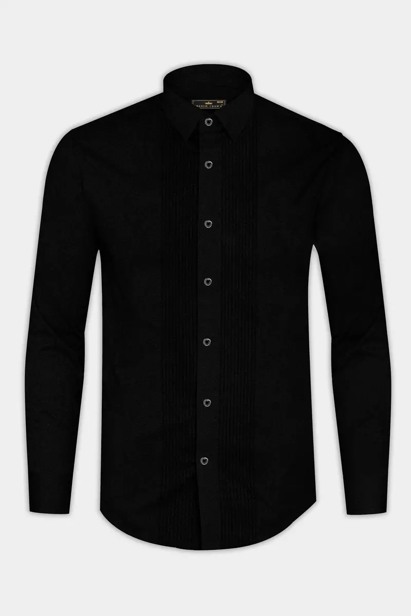 Jade Black Subtle Sheen Snake Pleated Super Soft Premium Cotton Tuxedo Shirt 6