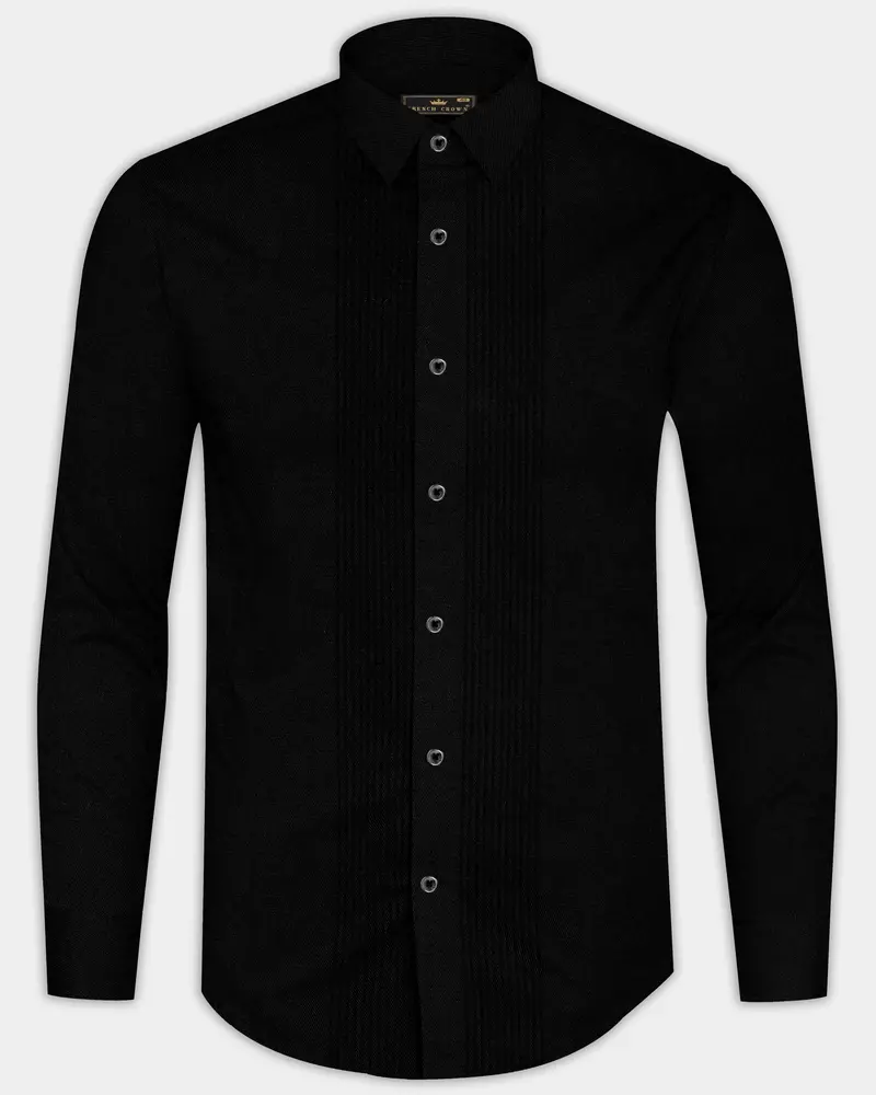 Jade Black Subtle Sheen Snake Pleated Super Soft Premium Cotton Tuxedo Shirt 8