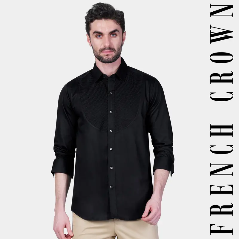 Jade Black Super Soft Premium Cotton Embroidered Designer Tuxedo Shirt 1