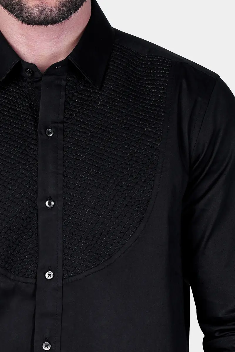 Jade Black Super Soft Premium Cotton Embroidered Designer Tuxedo Shirt 2