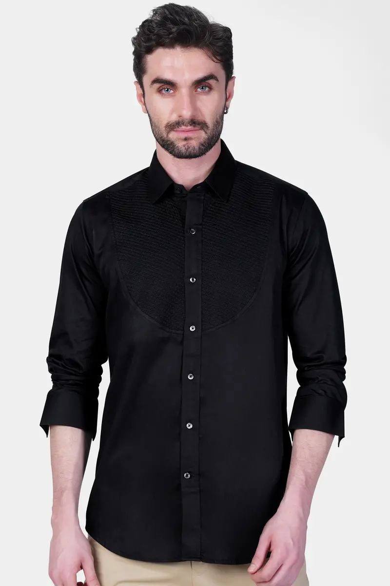 Jade Black Super Soft Premium Cotton Embroidered Designer Tuxedo Shirt 6
