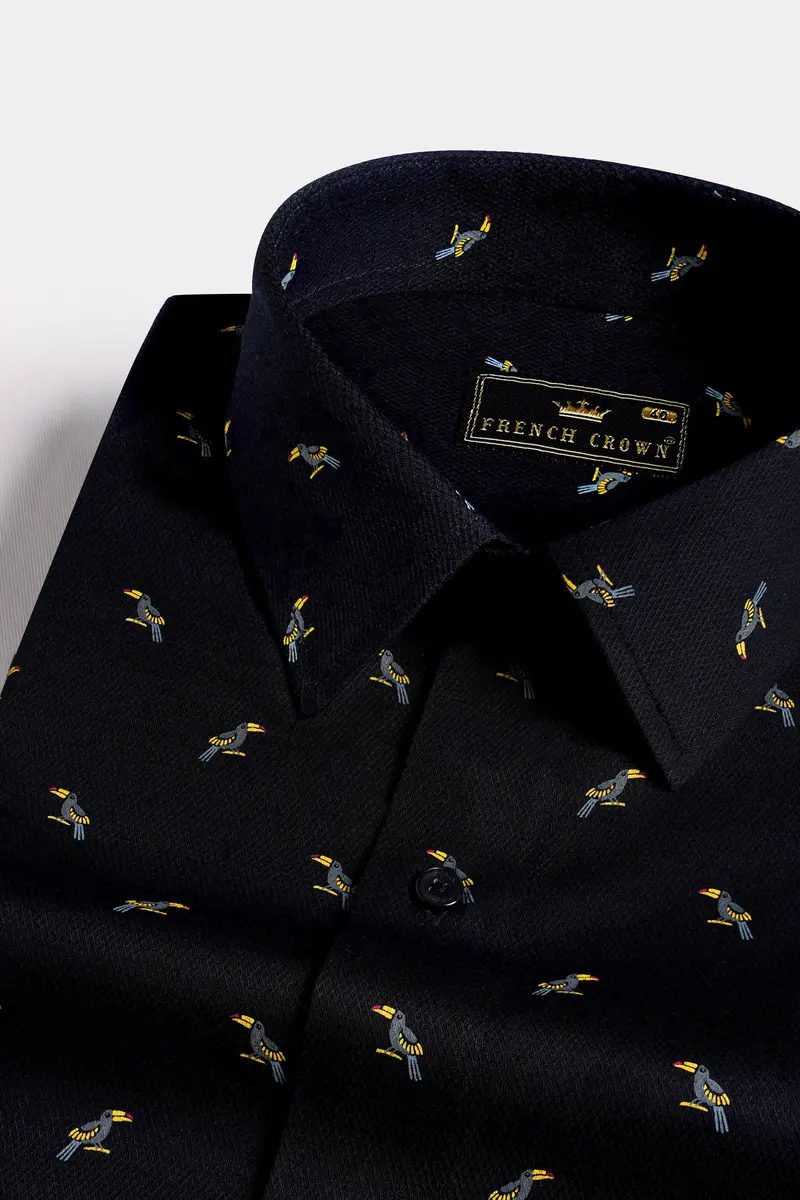 Jade Black Toucans Birds Printed Dobby Textured Premium Giza Cotton Shirt 1