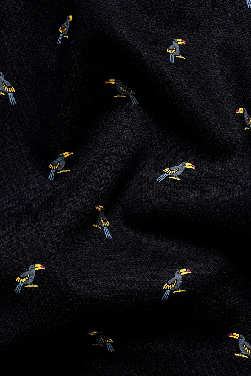 Jade Black Toucans Birds Printed Dobby Textured Premium Giza Cotton Shirt 2