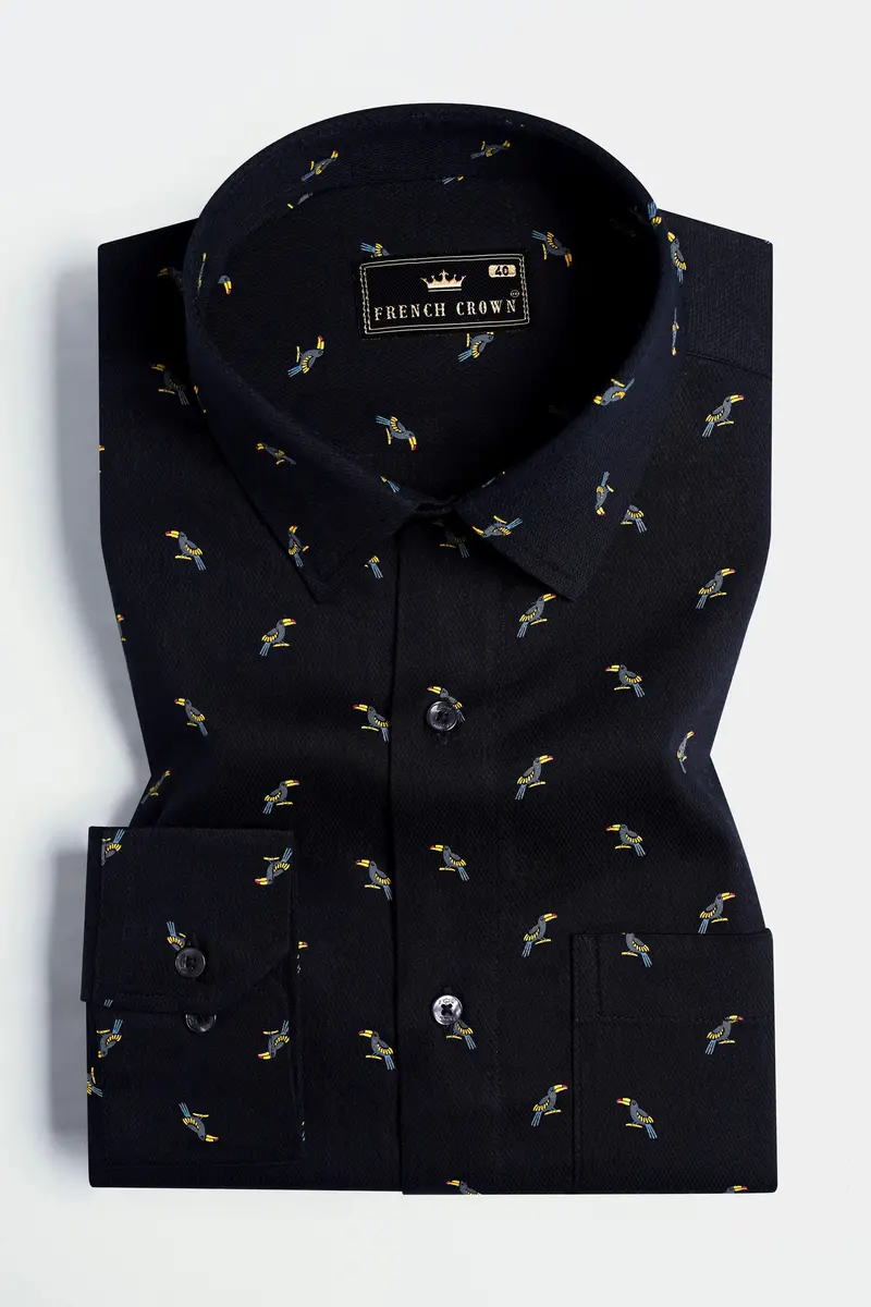 Jade Black Toucans Birds Printed Dobby Textured Premium Giza Cotton Shirt 3