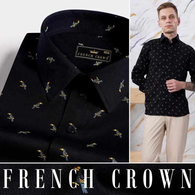 Jade Black Toucans Birds Printed Dobby Textured Premium Giza Cotton Shirt 4