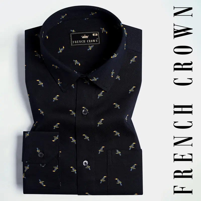 Jade Black Toucans Birds Printed Dobby Textured Premium Giza Cotton Shirt 7