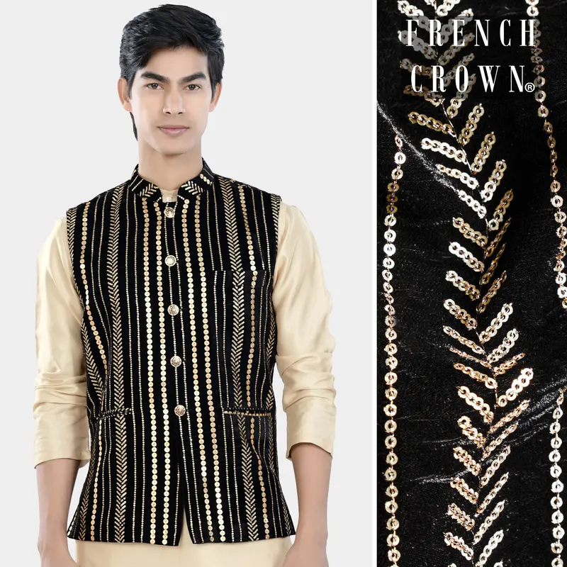 Jade Black Vertical Sequin Embroidered Designer Nehru Jacket 1