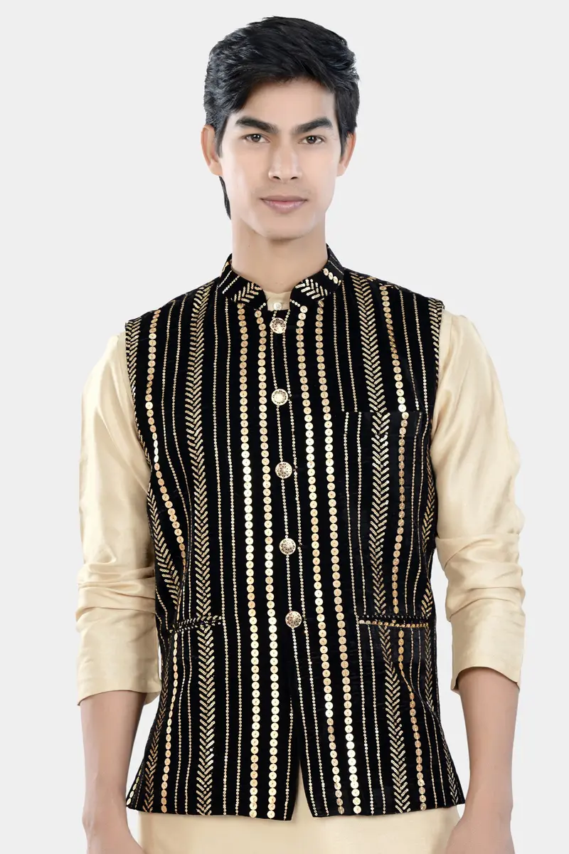 Jade Black Vertical Sequin Embroidered Designer Nehru Jacket 2