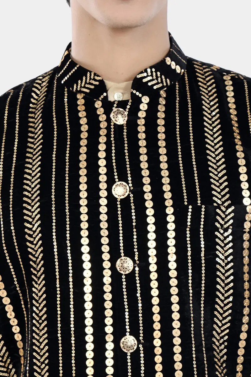 Jade Black Vertical Sequin Embroidered Designer Nehru Jacket 4