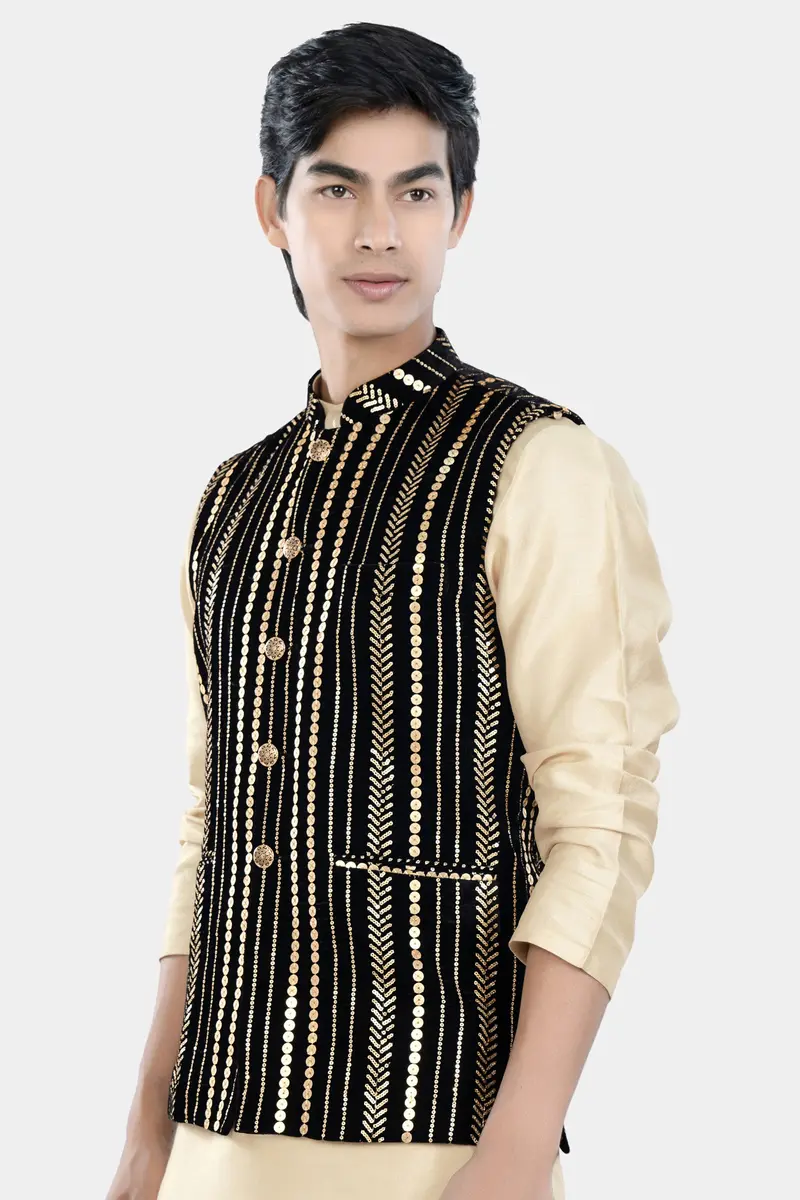 Jade Black Vertical Sequin Embroidered Designer Nehru Jacket 5