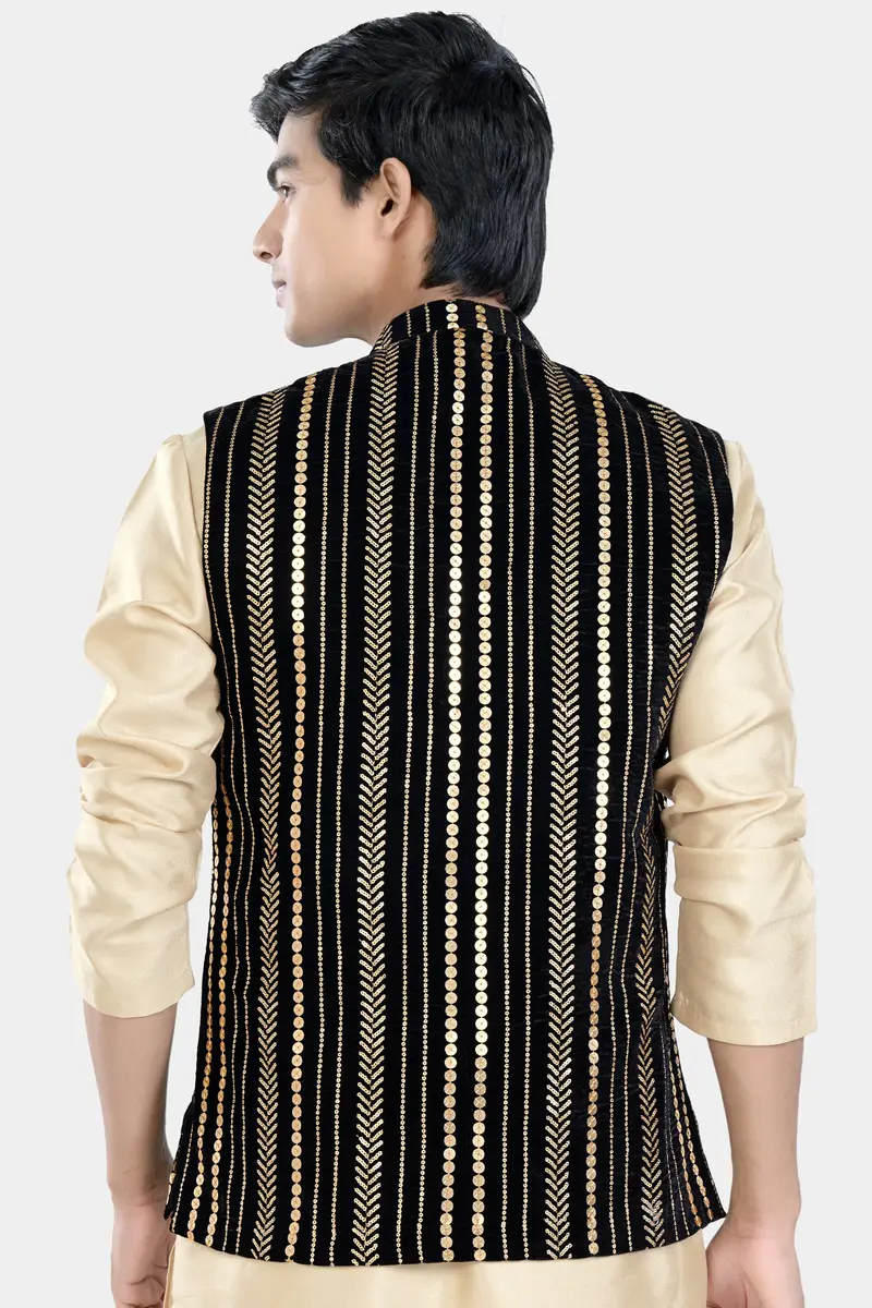 Jade Black Vertical Sequin Embroidered Designer Nehru Jacket 6