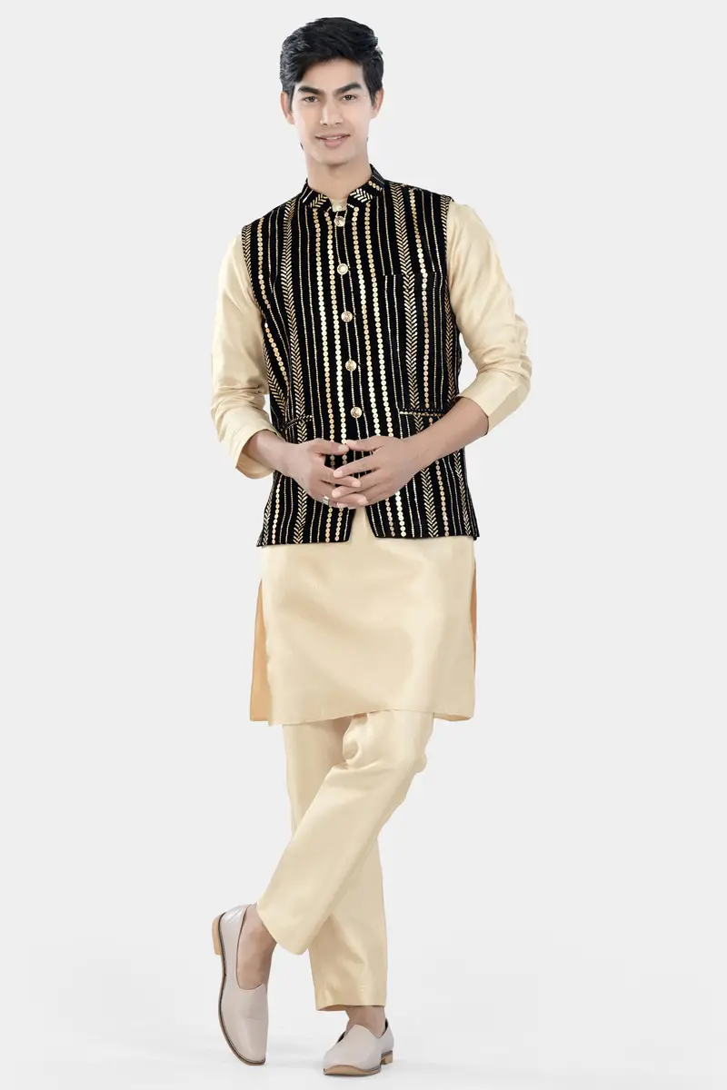 Jade Black Vertical Sequin Embroidered Designer Nehru Jacket 7