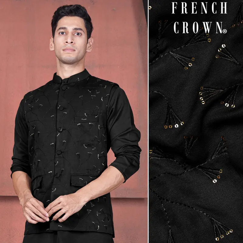 Jade Black Viscose Embroidered With Tikki Work Designer Nehru Jacket 1