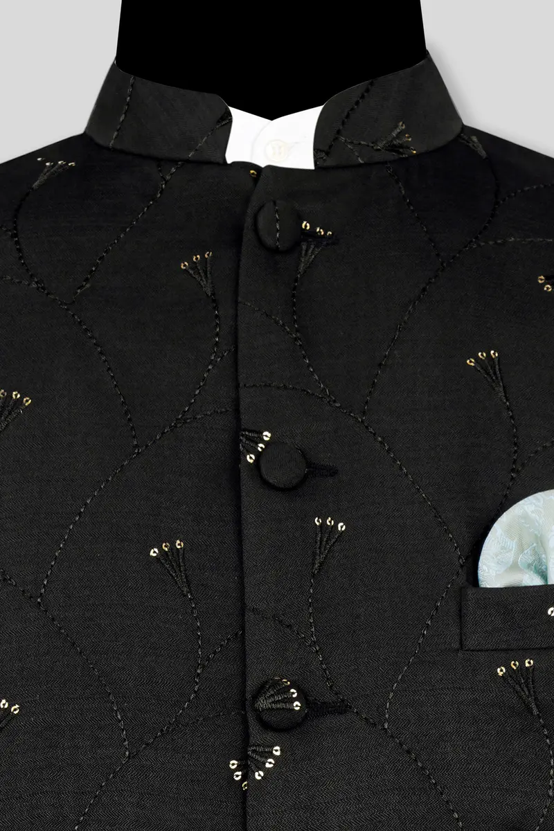 Jade Black Viscose Embroidered With Tikki Work Designer Nehru Jacket 10