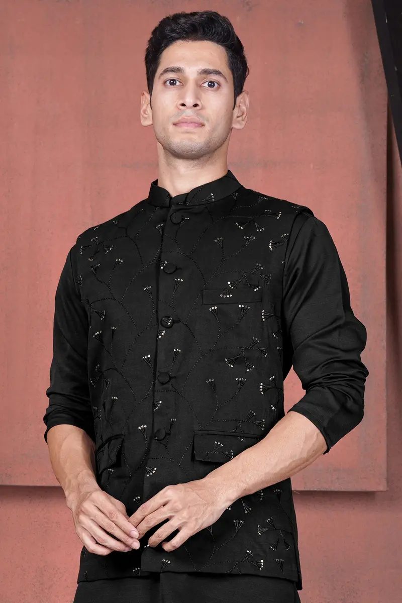 Jade Black Viscose Embroidered With Tikki Work Designer Nehru Jacket 2