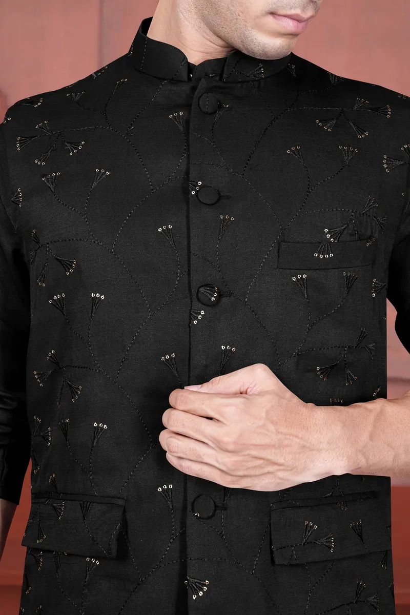 Jade Black Viscose Embroidered With Tikki Work Designer Nehru Jacket 4
