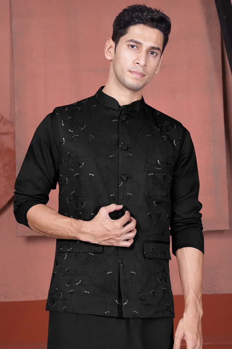 Jade Black Viscose Embroidered With Tikki Work Designer Nehru Jacket 5