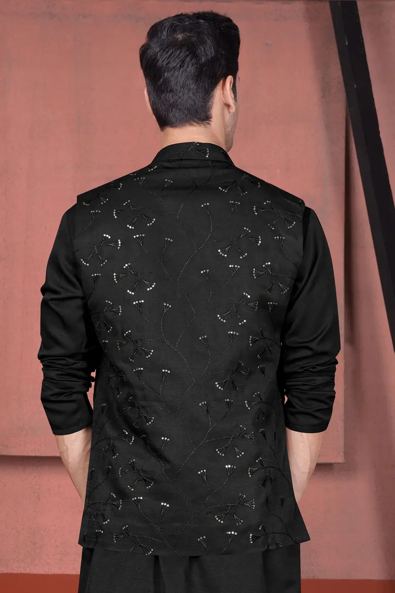 Jade Black Viscose Embroidered With Tikki Work Designer Nehru Jacket 6