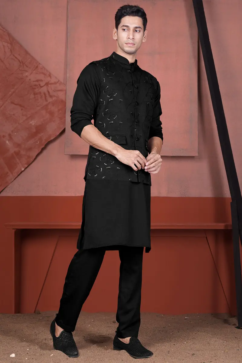 Jade Black Viscose Embroidered With Tikki Work Designer Nehru Jacket 7