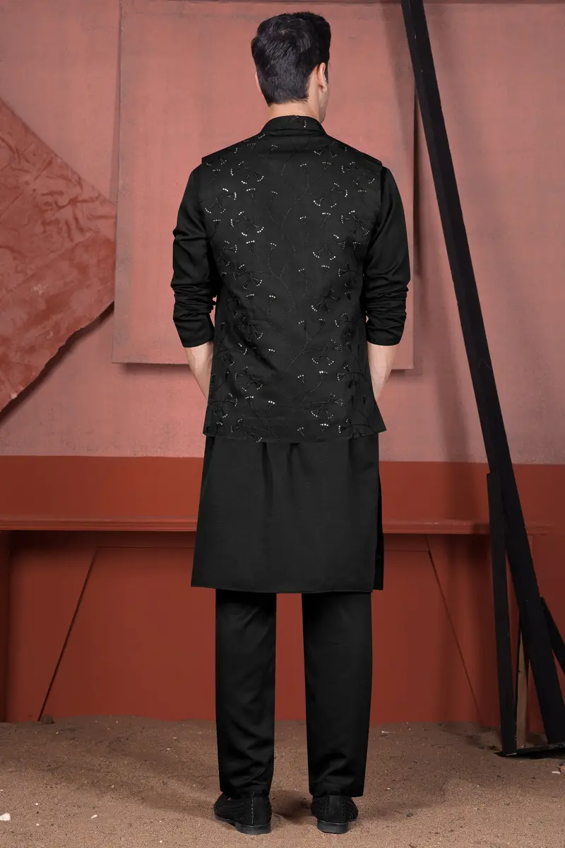 Jade Black Viscose Embroidered With Tikki Work Designer Nehru Jacket 8