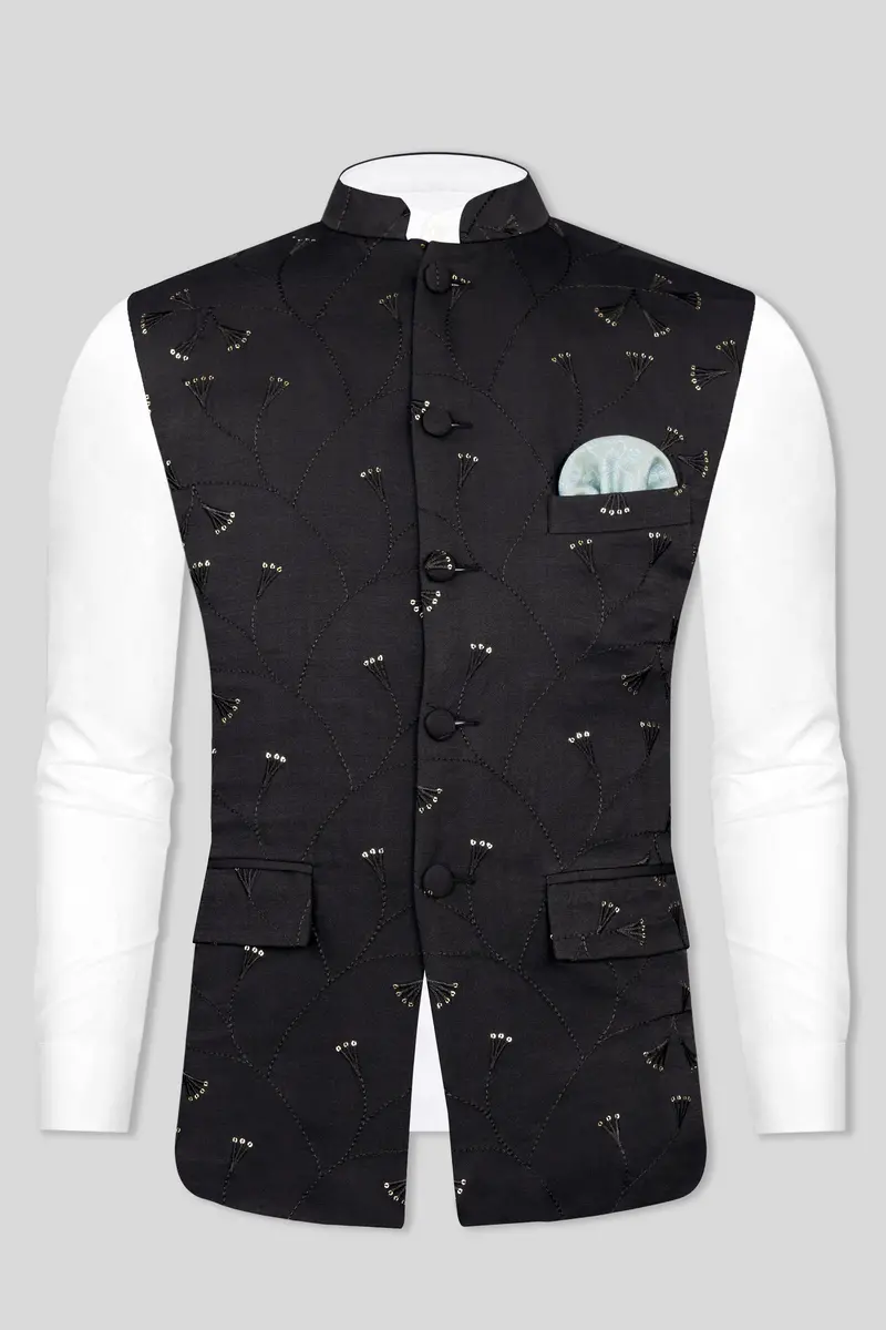 Jade Black Viscose Embroidered With Tikki Work Designer Nehru Jacket 9