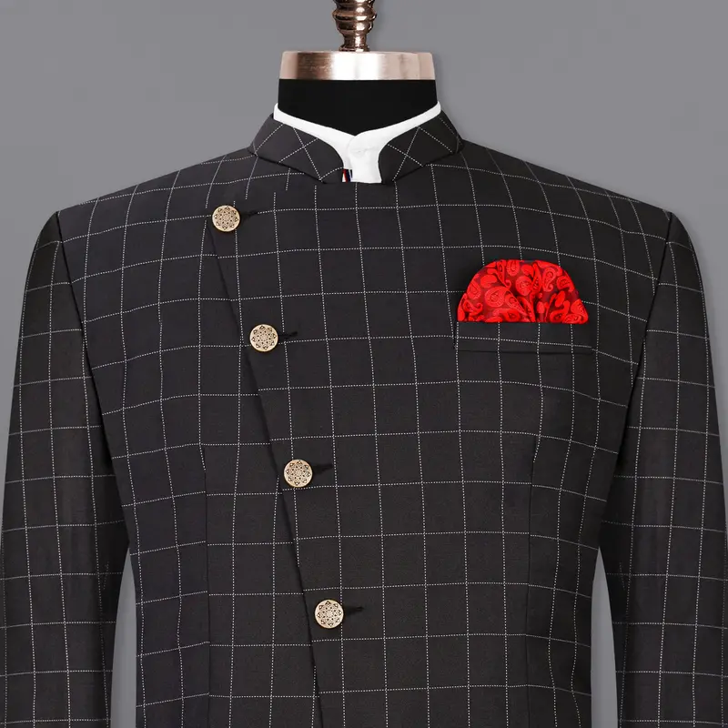 Jade Black Windowpane Cross Placket Bandhgala Blazer 1
