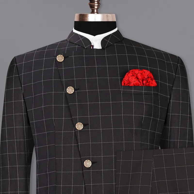 Jade Black Windowpane Cross Placket Bandhgala Suit 1